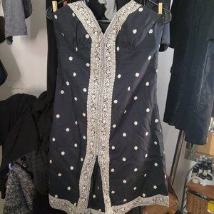 Lightweight Abstract Tribal Floral Lined Dress Crossback Spaghetti Strap Navy 6